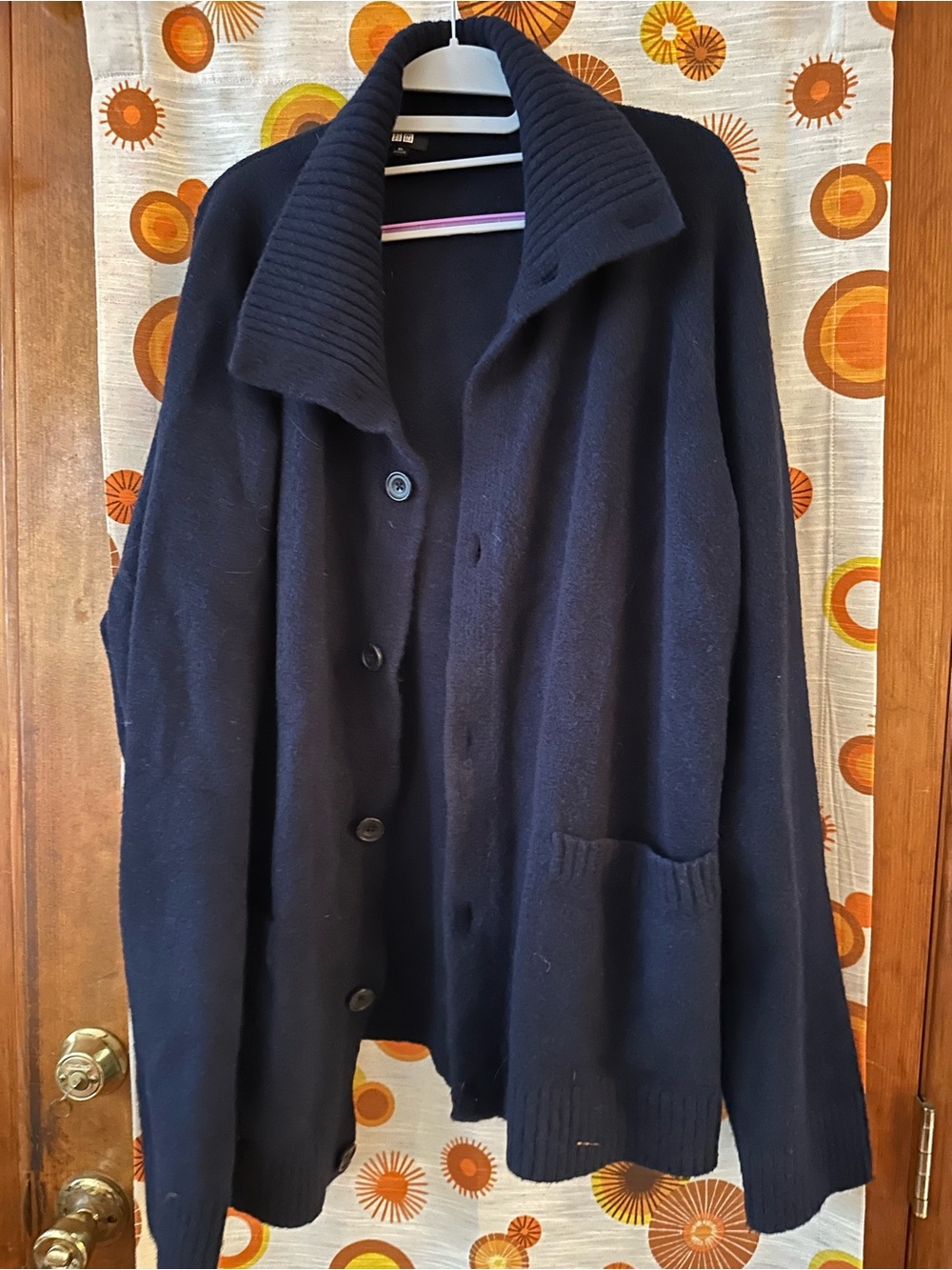 Uniqlo Men's Dark Navy Button Cardigan with Ribbed Shawl Collar